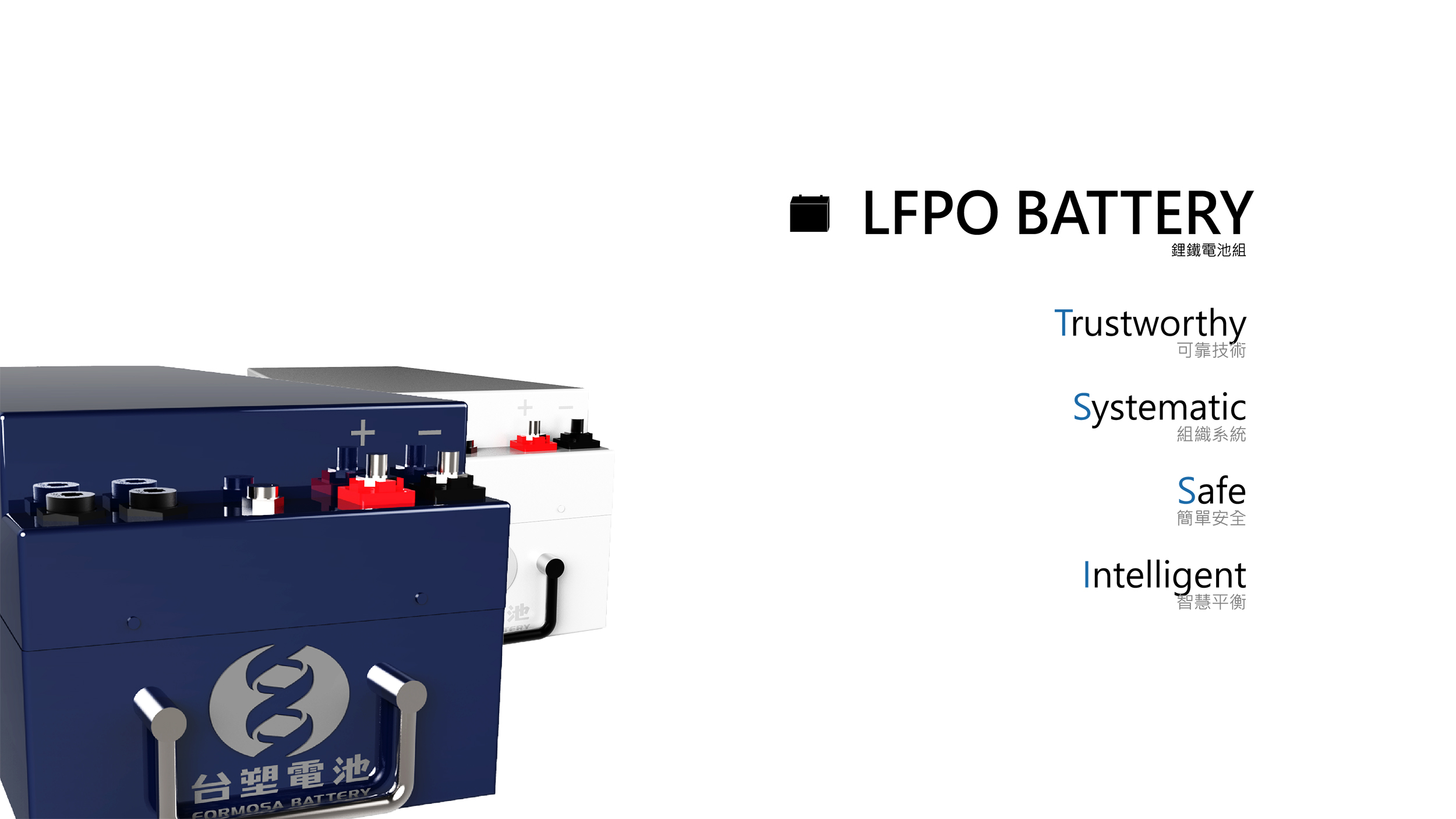 LFPO BATTERY鋰鐵電池組  Trustworthy可靠技術    Systematic組織系統   Safe簡單安全   Intelligent智慧平衡